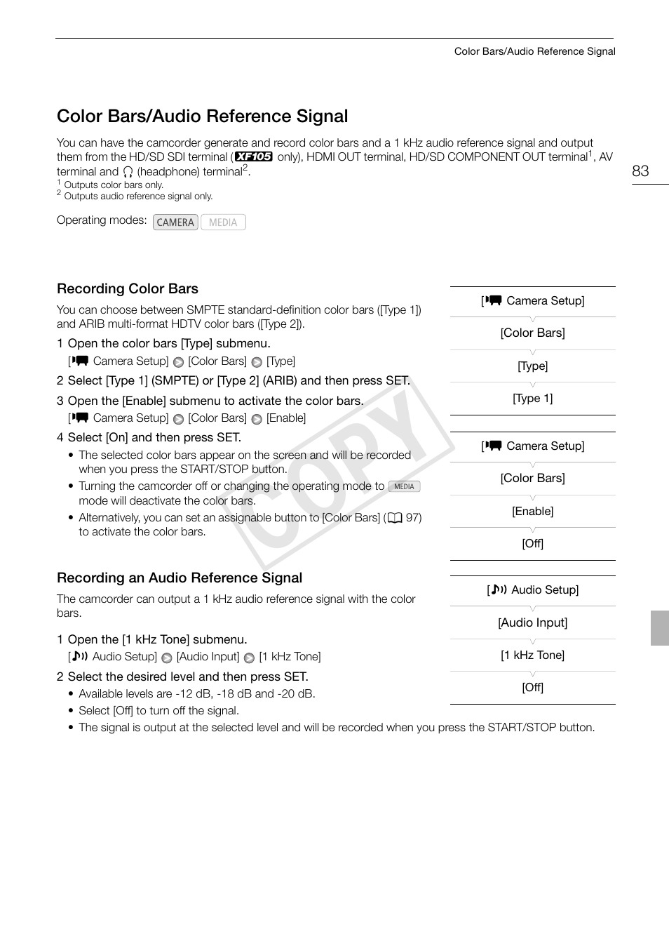 Color bars/audio reference signal 83, Cop y, Color bars/audio reference signal | Canon XF105 User Manual | Page 83 / 186