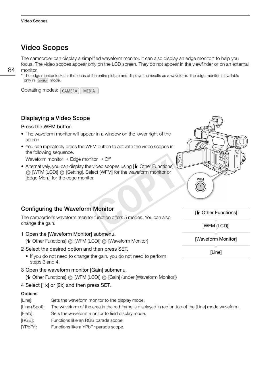 84) or, Video scopes 84, 84)/assignable | Cop y, Video scopes | Canon XF105 User Manual | Page 84 / 186