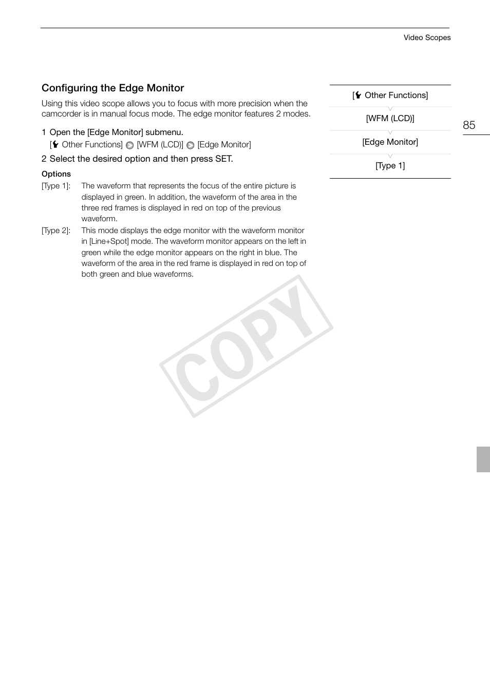 Configuring the edge monitor 85, Cop y | Canon XF105 User Manual | Page 85 / 186