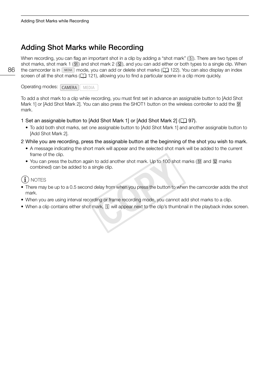 Adding shot marks while recording 86, Cop y | Canon XF105 User Manual | Page 86 / 186