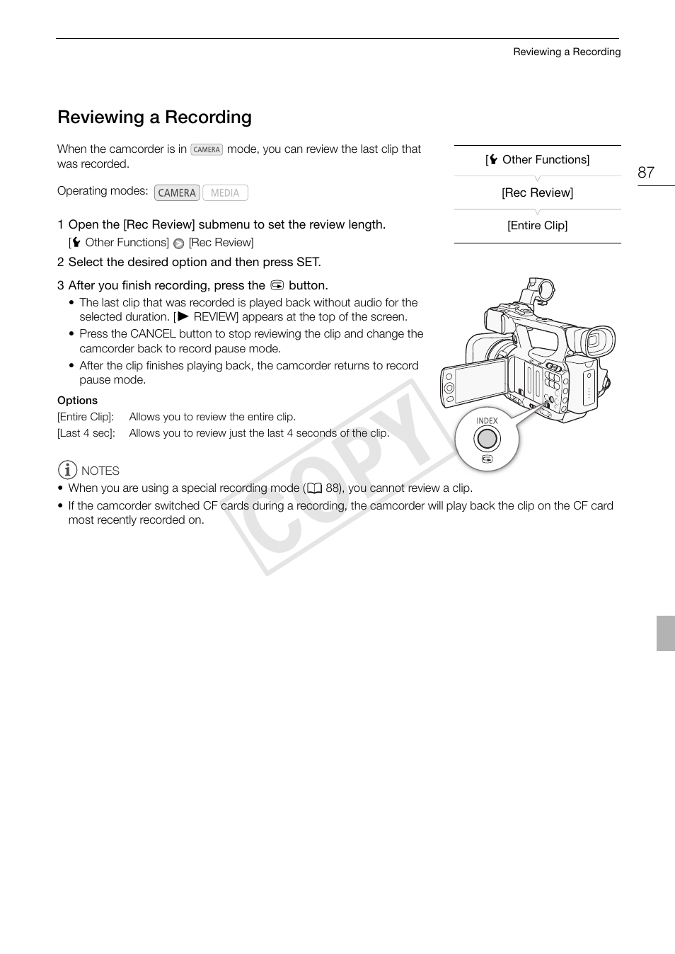 Reviewing a recording 87, Cop y | Canon XF105 User Manual | Page 87 / 186