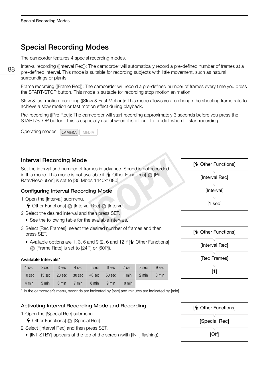 Special recording modes 88, Interval recording mode 88, Cop y | Special recording modes | Canon XF105 User Manual | Page 88 / 186