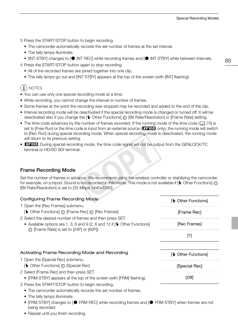 Frame recording mode 89, Cop y | Canon XF105 User Manual | Page 89 / 186