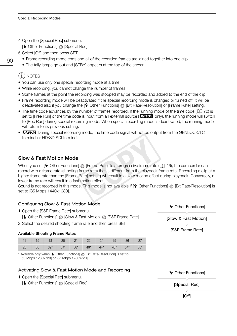 Slow & fast motion mode 90, Cop y | Canon XF105 User Manual | Page 90 / 186