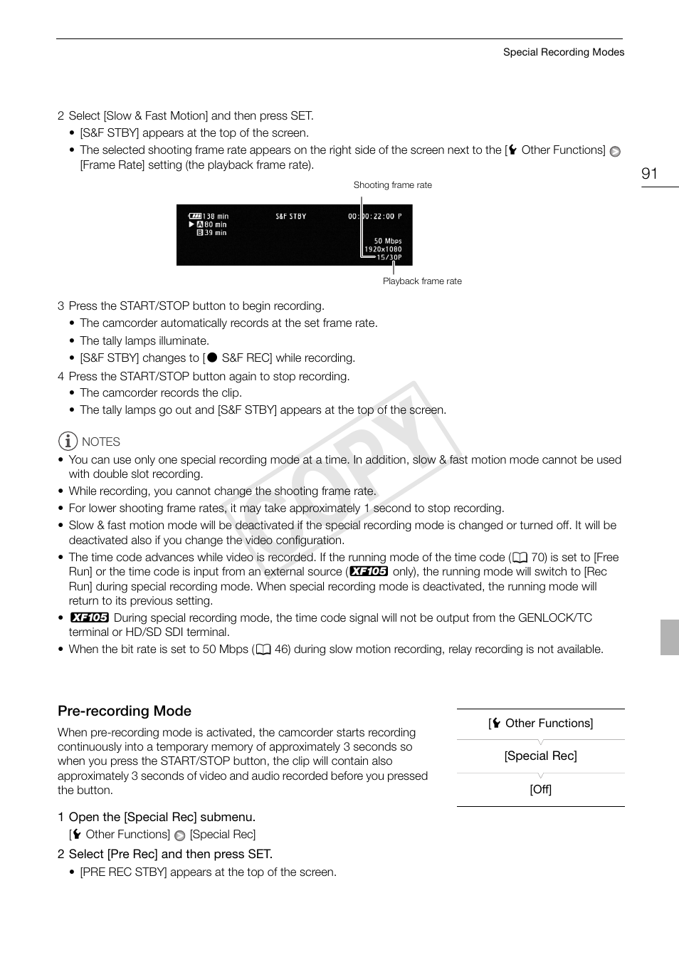 Pre-recording mode 91, Cop y | Canon XF105 User Manual | Page 91 / 186