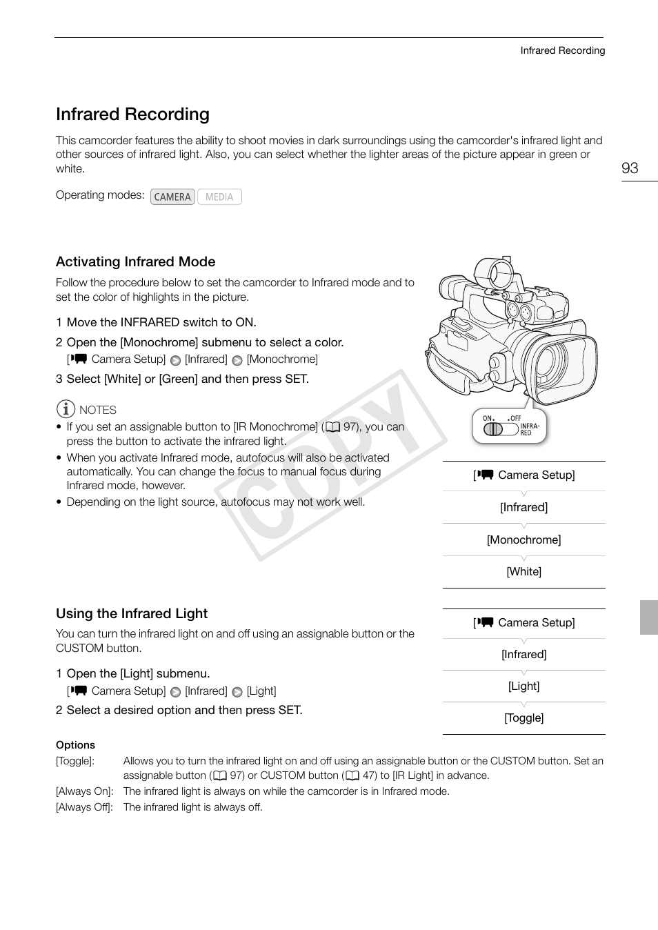 Infrared recording 93, Activating infrared mode 93, Using the infrared light 93 | Cop y, Infrared recording | Canon XF105 User Manual | Page 93 / 186