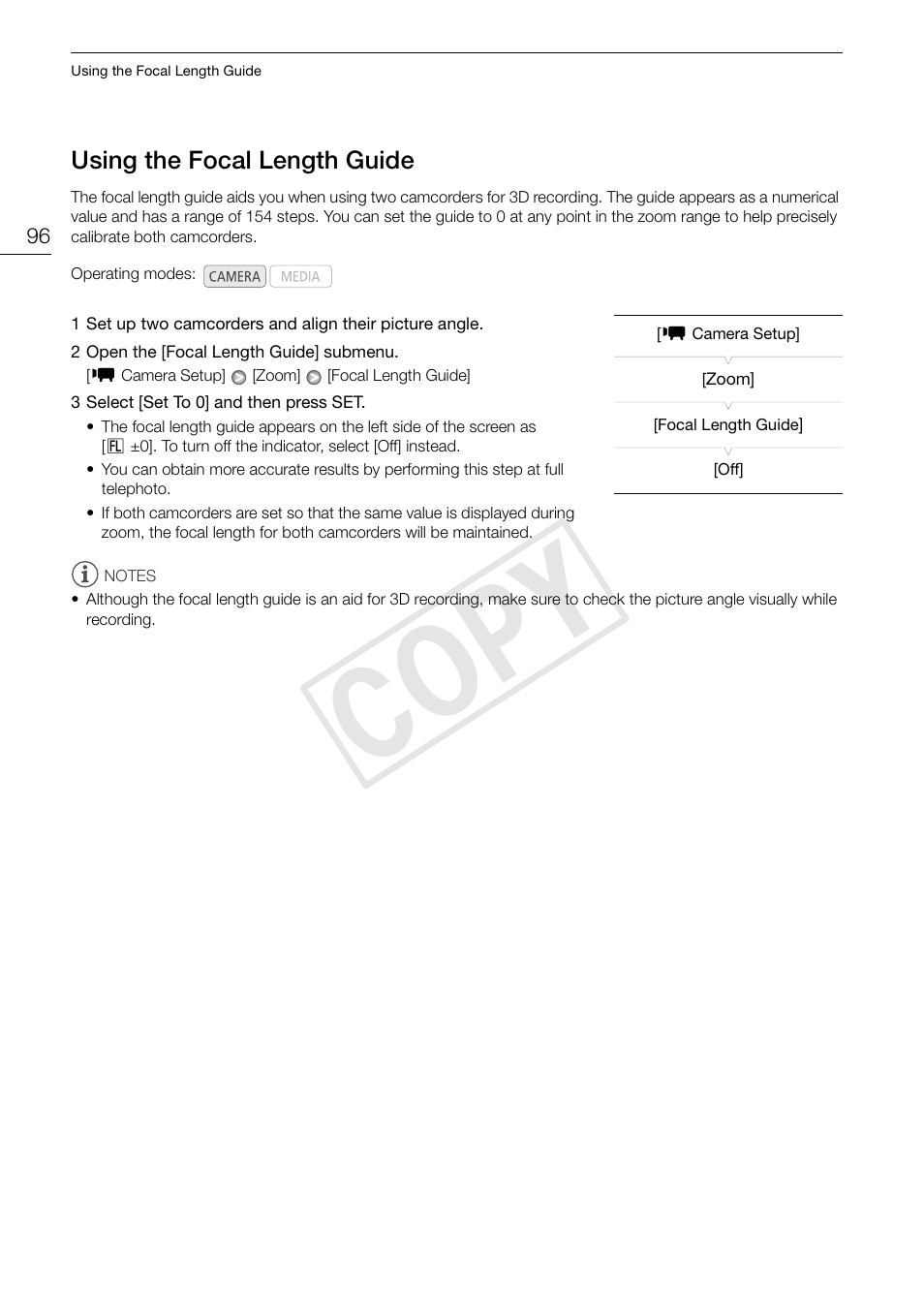 96) hav, Using the focal length guide 96, Cop y | Canon XF105 User Manual | Page 96 / 186
