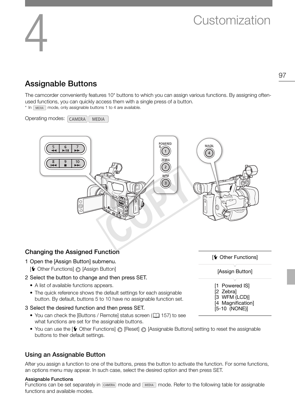 Customization 97, Assignable buttons 97, 97) or | Cop y, Customization | Canon XF105 User Manual | Page 97 / 186