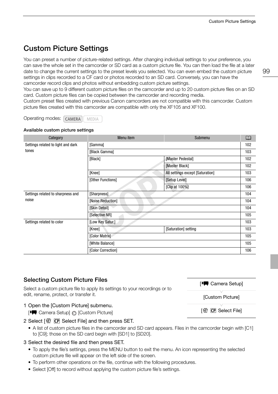 99), you can, Custom picture settings 99, Selecting custom picture files 99 | Cop y, Custom picture settings | Canon XF105 User Manual | Page 99 / 186