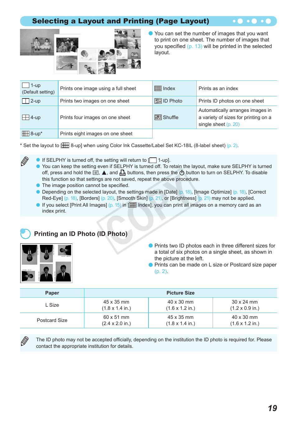 Cop y, Selecting a layout and printing (page layout) | Canon SELPHY CP800 Black User Manual | Page 56 / 73