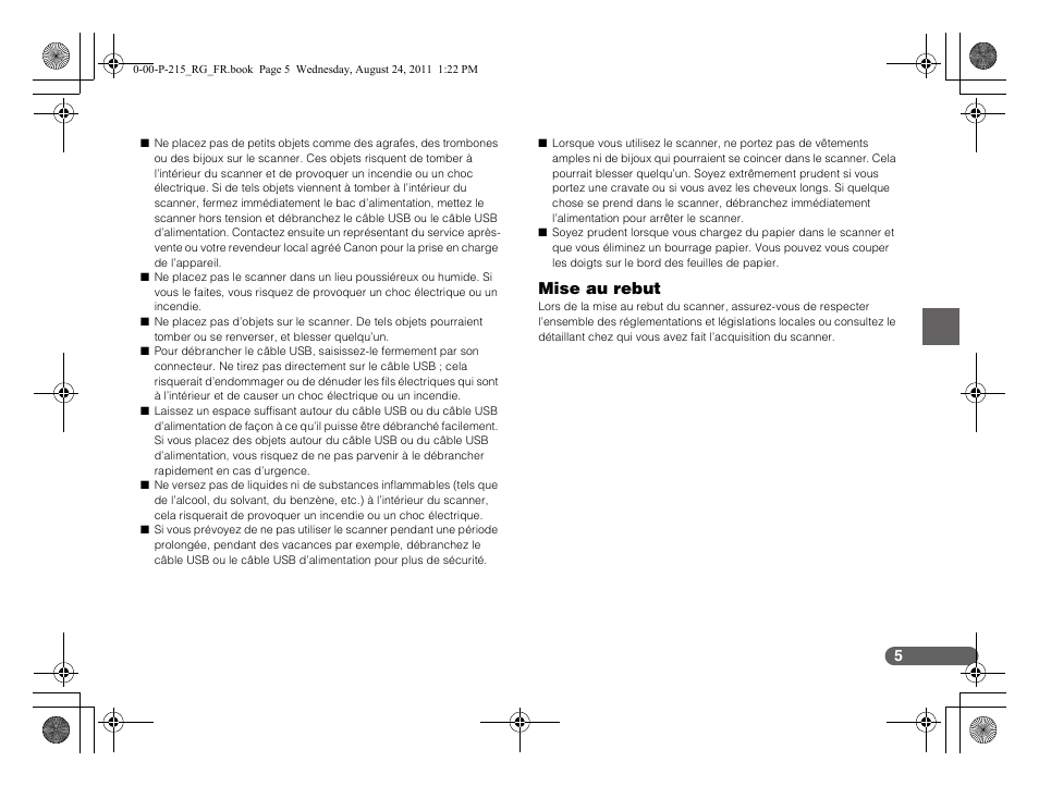 Mise au rebut | Canon imageFORMULA P-215 Scan-tini Personal Document Scanner User Manual | Page 24 / 55
