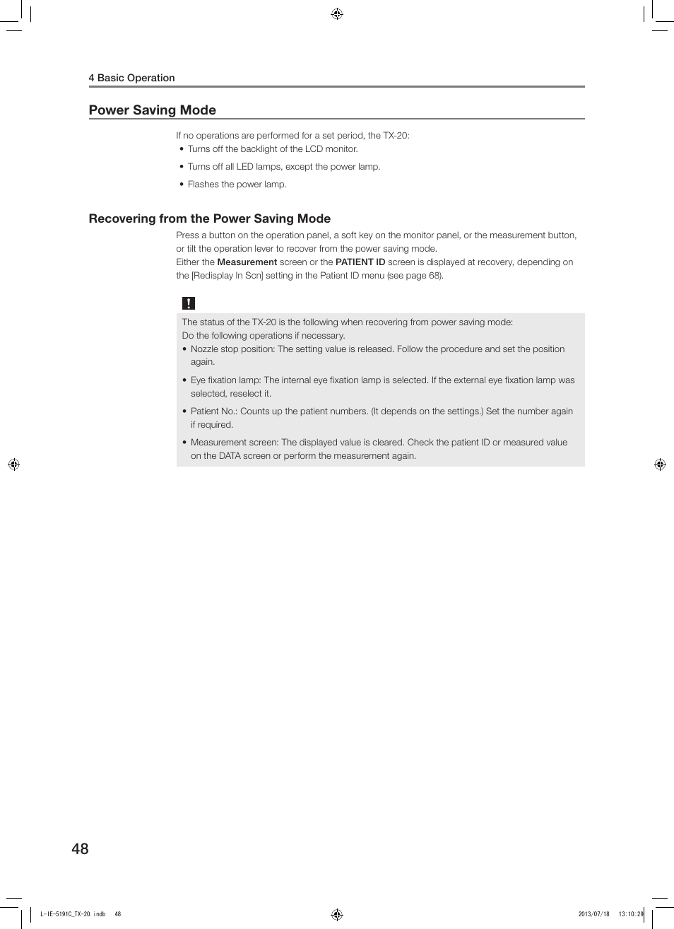 Power saving mode, Recovering from the power saving mode | Canon TX-20 Full Auto Tonometer User Manual | Page 48 / 100