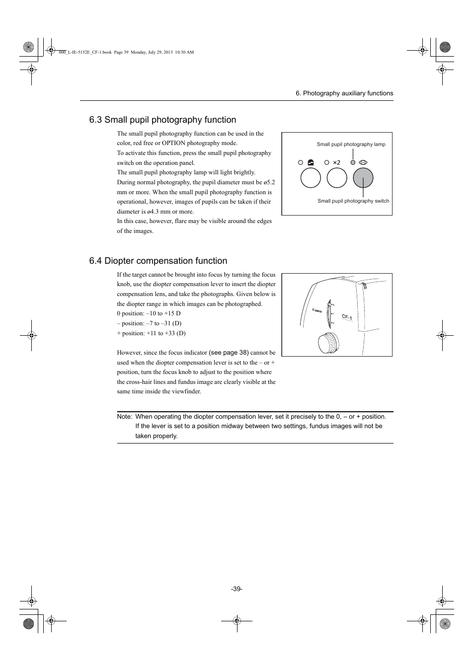 3 small pupil photography function, 4 diopter compensation function | Canon CF-1 User Manual | Page 39 / 64