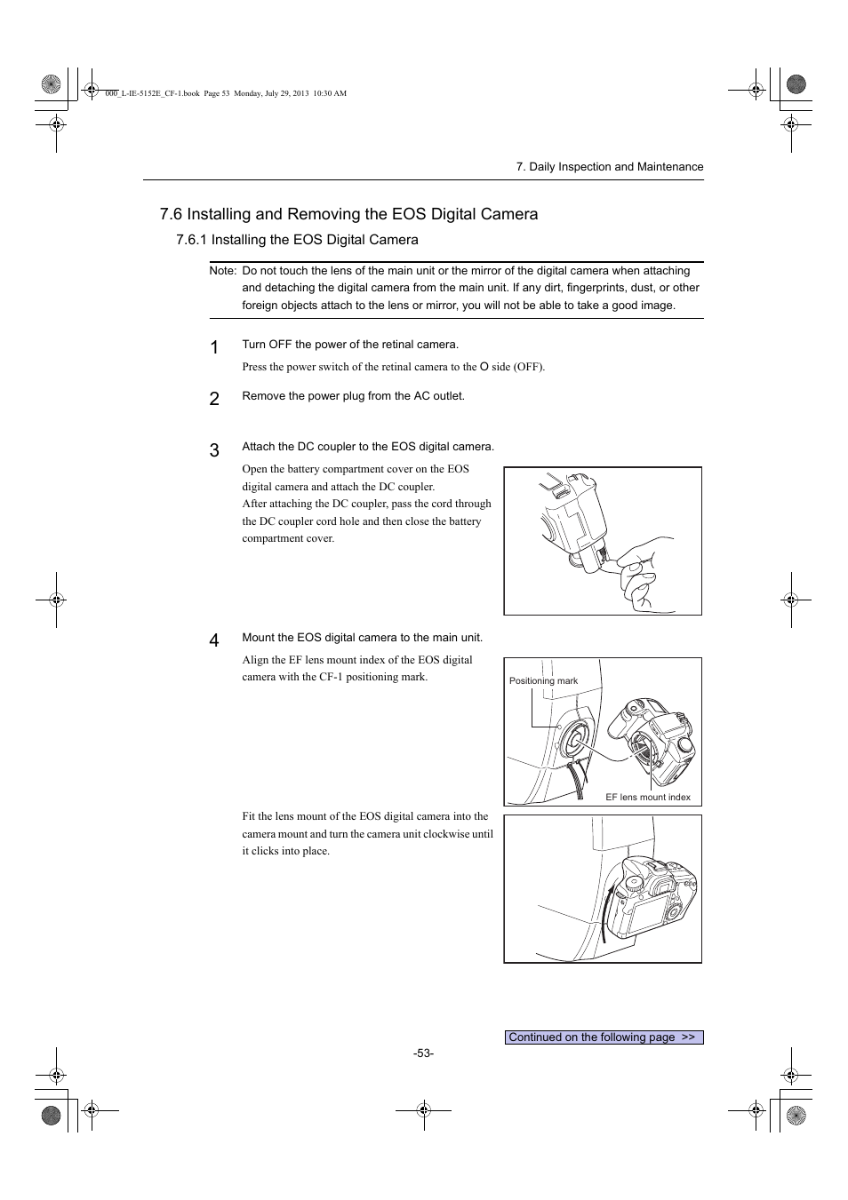 6 installing and removing the eos digital camera, 1 installing the eos digital camera | Canon CF-1 User Manual | Page 53 / 64