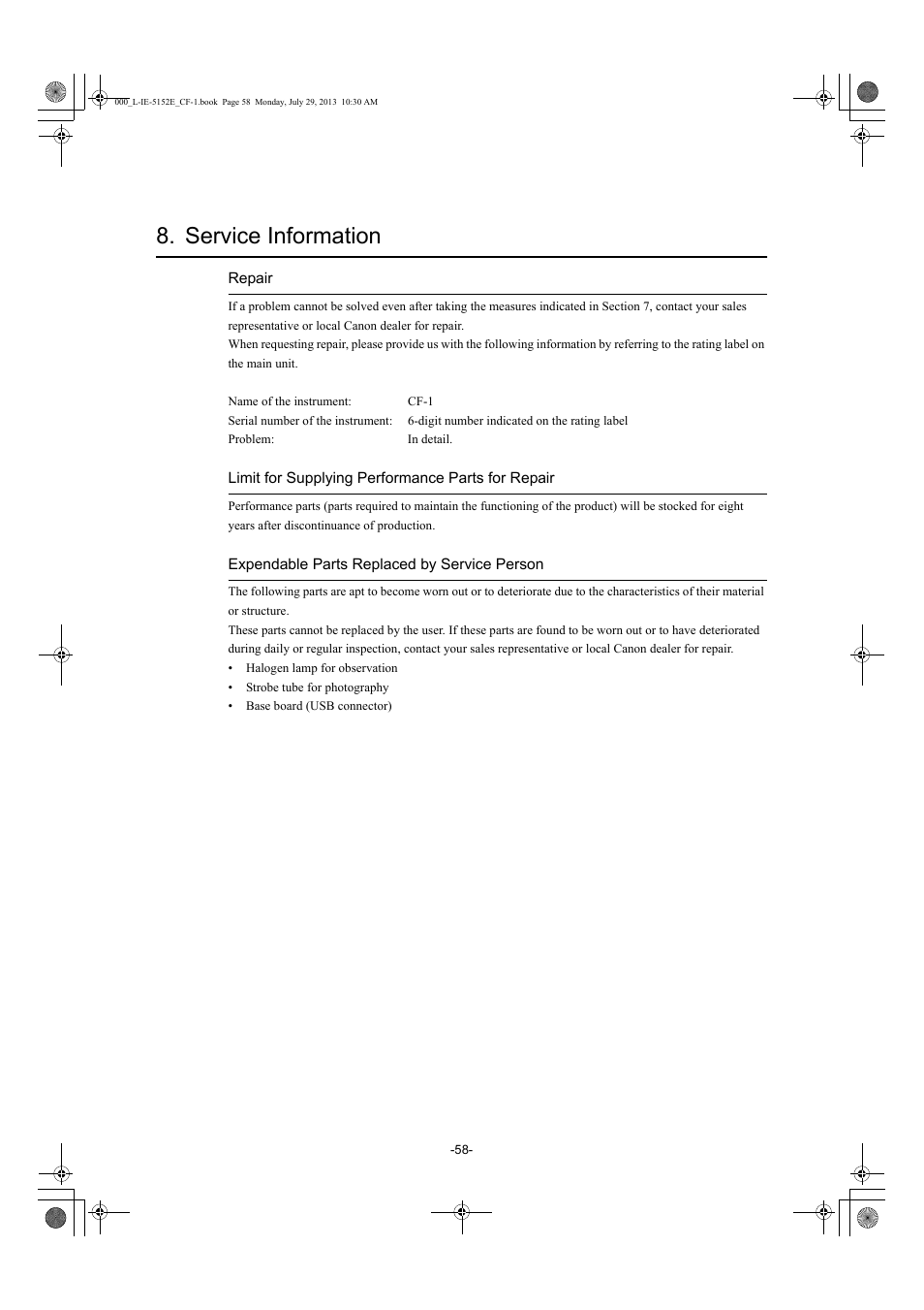 Service information | Canon CF-1 User Manual | Page 58 / 64