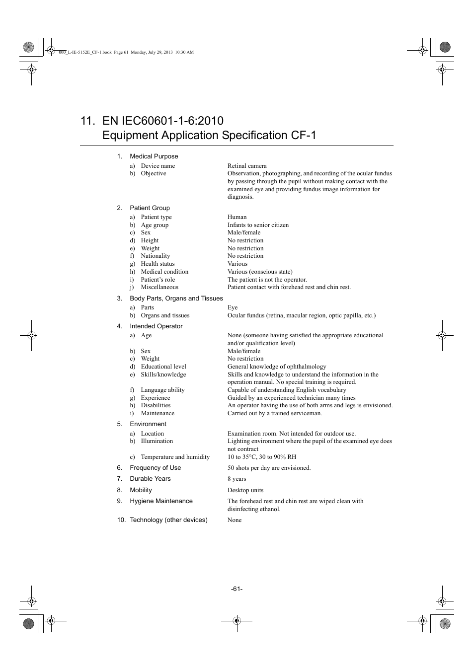 En iec60601-1-6:2010, Equipment application specification cf-1 | Canon CF-1 User Manual | Page 61 / 64