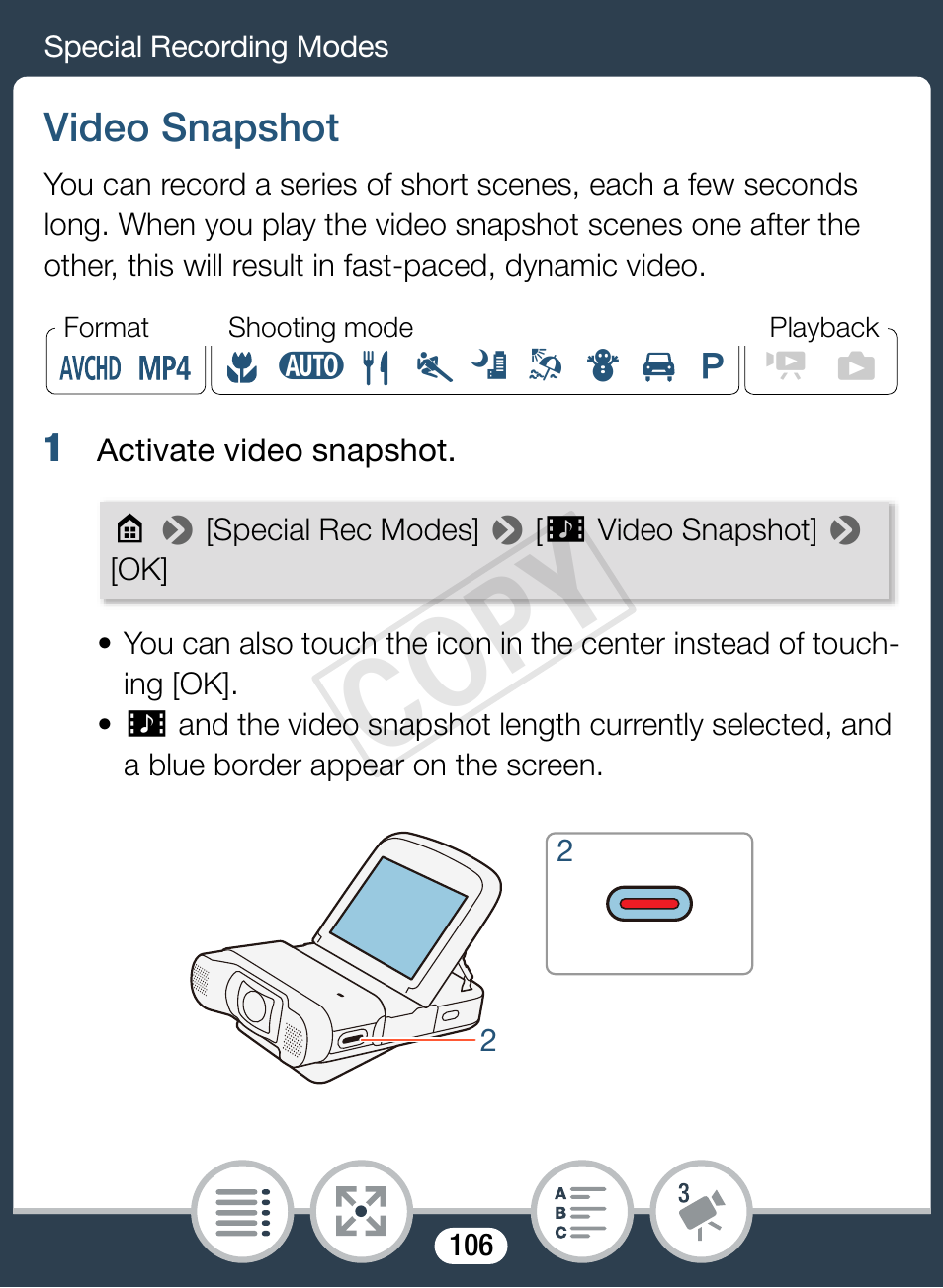 Video snapshot, Cop y | Canon VIXIA mini X User Manual | Page 106 / 310