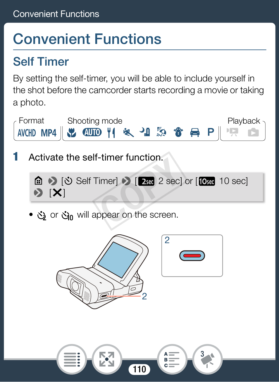 Convenient functions, Self timer, Cop y | Canon VIXIA mini X User Manual | Page 110 / 310