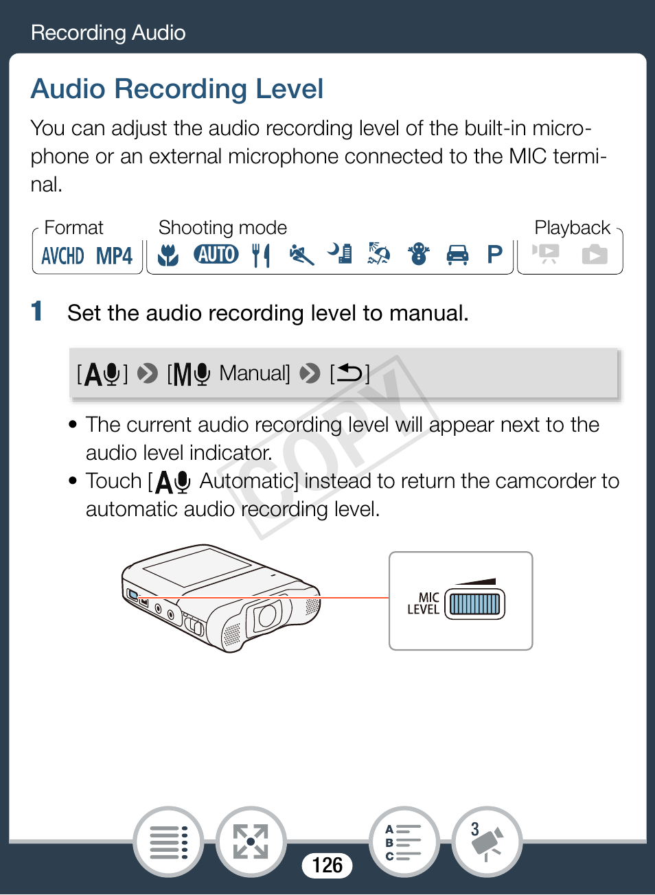 Audio recording level, Cop y | Canon VIXIA mini X User Manual | Page 126 / 310