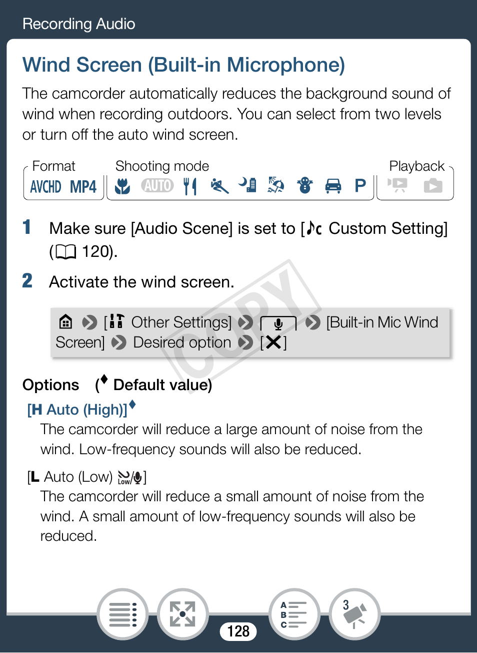 Wind screen (built-in microphone), Cop y | Canon VIXIA mini X User Manual | Page 128 / 310