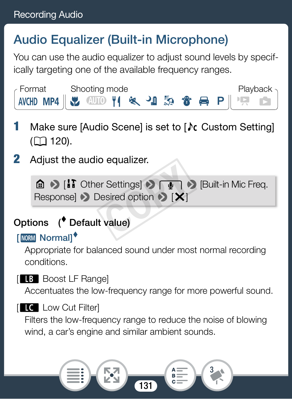 Audio equalizer (built-in microphone), Cop y | Canon VIXIA mini X User Manual | Page 131 / 310