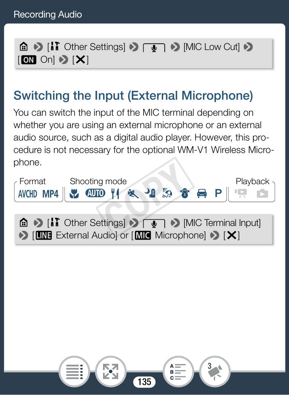 Switching the input (external microphone), Cop y | Canon VIXIA mini X User Manual | Page 135 / 310