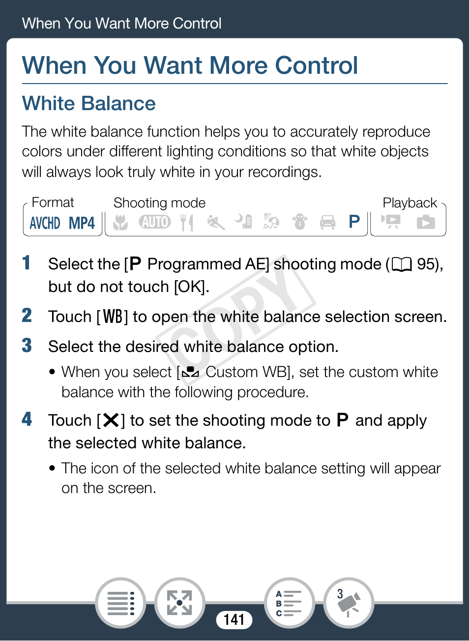 When you want more control, White balance, 141) an | Cop y | Canon VIXIA mini X User Manual | Page 141 / 310