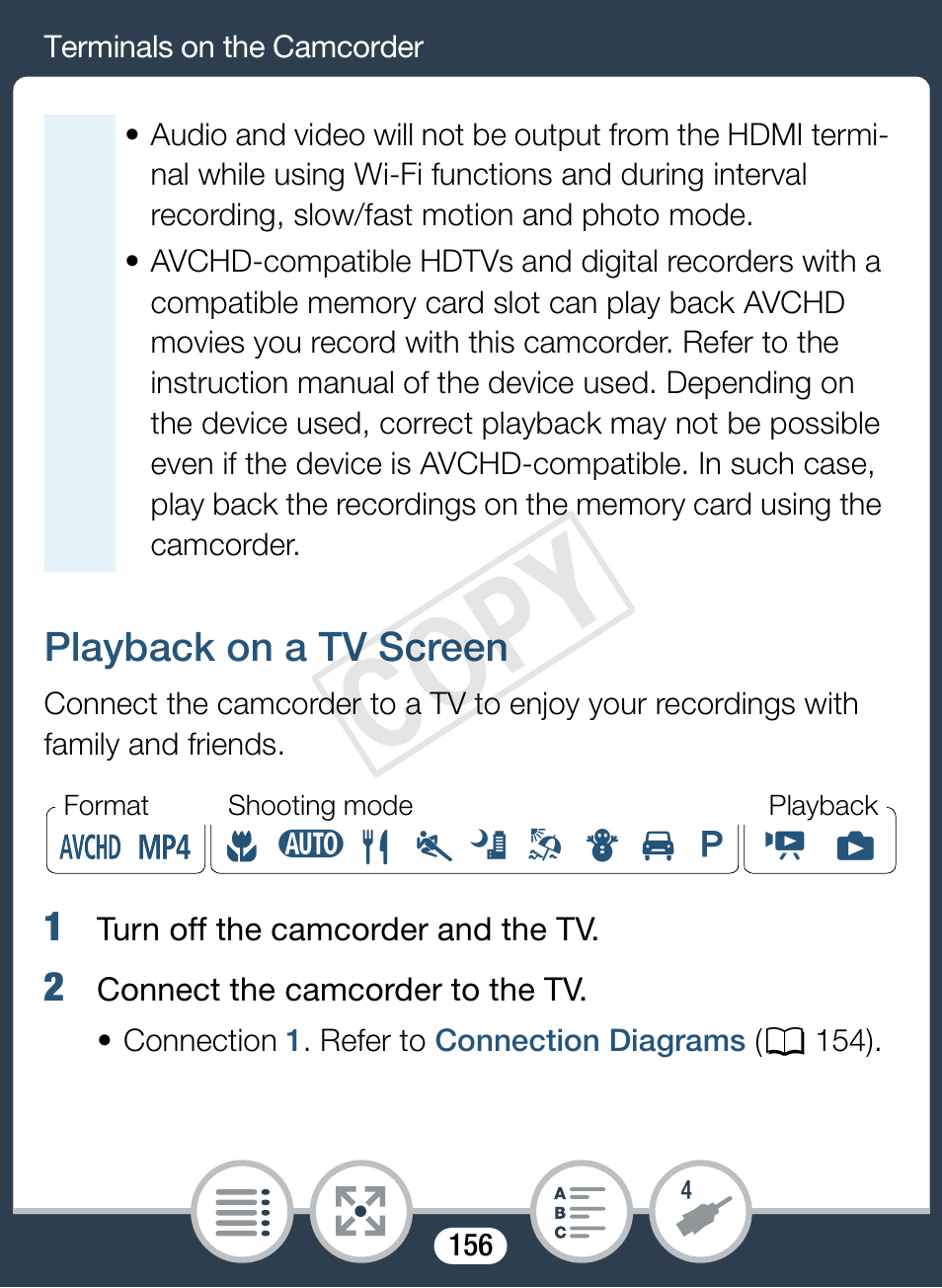 Playback on a tv screen, Cop y | Canon VIXIA mini X User Manual | Page 156 / 310