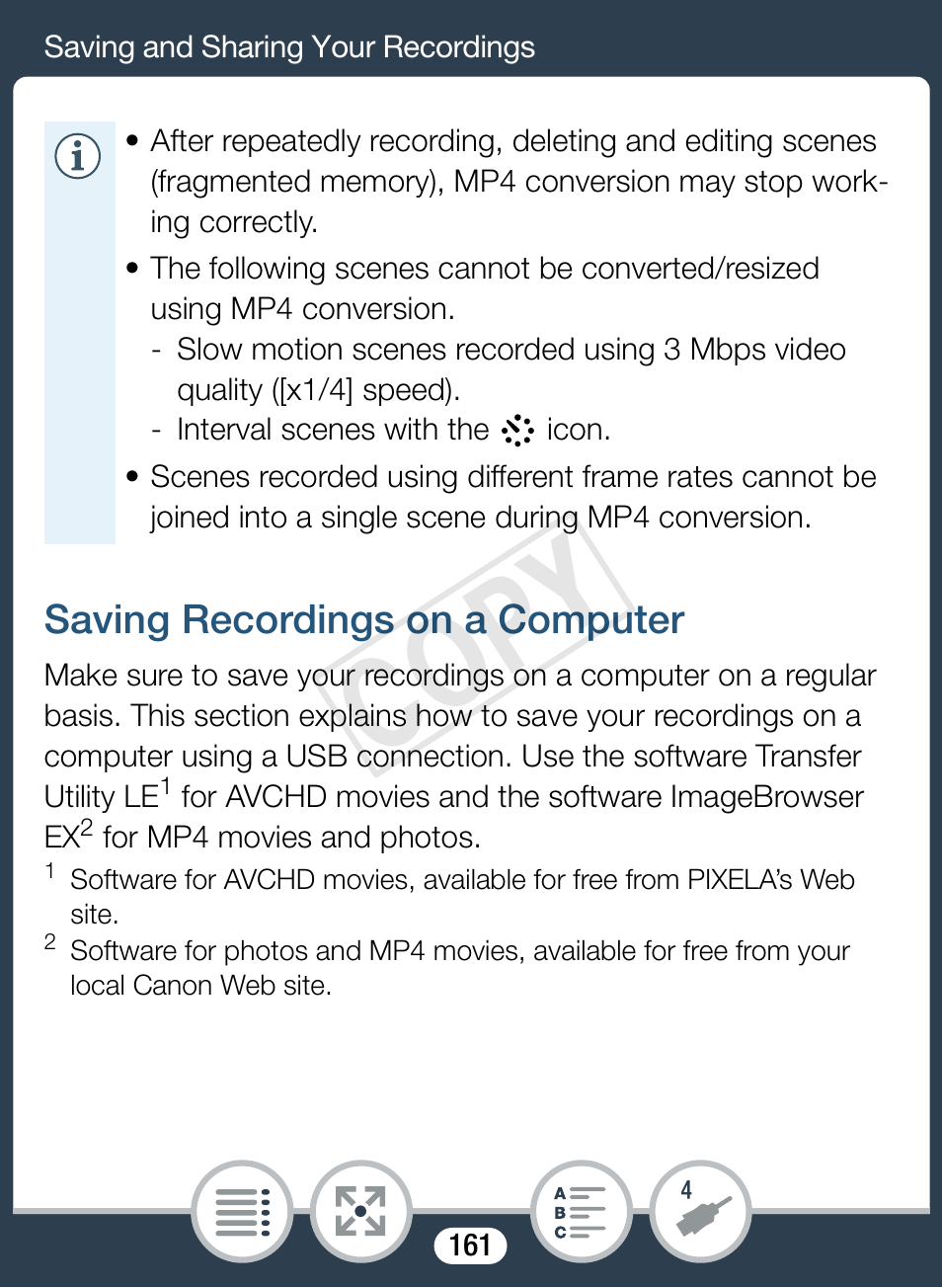 Saving recordings on a computer, Cop y | Canon VIXIA mini X User Manual | Page 161 / 310