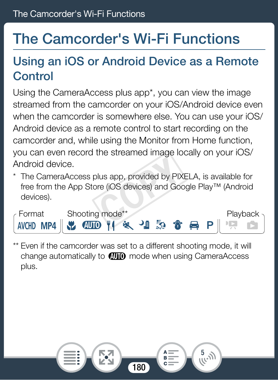 The camcorder's wi-fi functions, Using an ios or android device as a remote control, 180). y | Cop y | Canon VIXIA mini X User Manual | Page 180 / 310