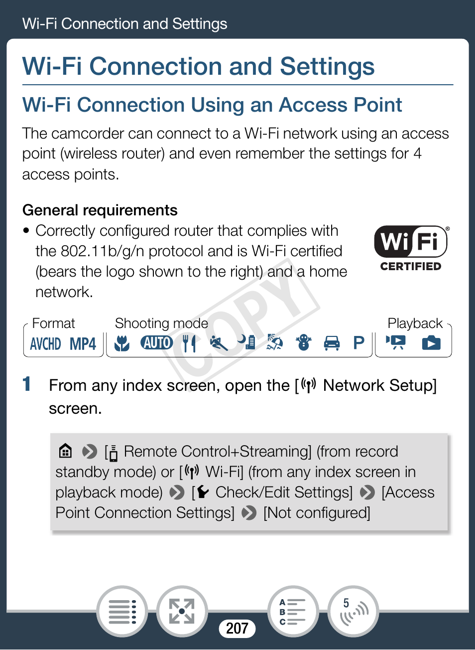 Wi-fi connection and settings, Wi-fi connection using an access point, Cop y | Canon VIXIA mini X User Manual | Page 207 / 310