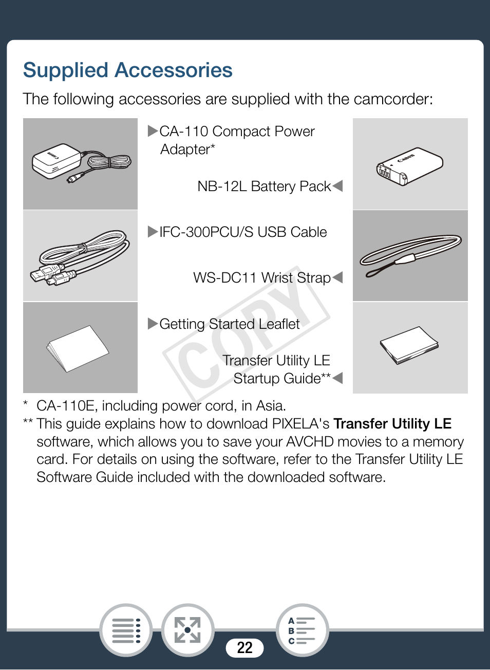 Getting to know the camcorder, Supplied accessories, Cop y | Canon VIXIA mini X User Manual | Page 22 / 310