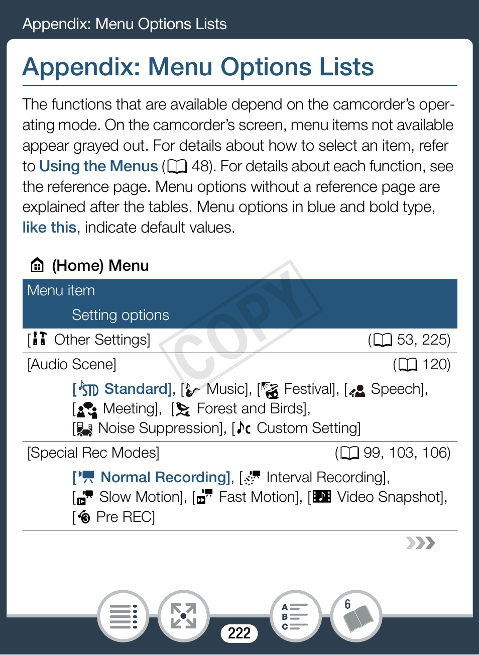 Appendix: menu options lists, Cop y | Canon VIXIA mini X User Manual | Page 222 / 310