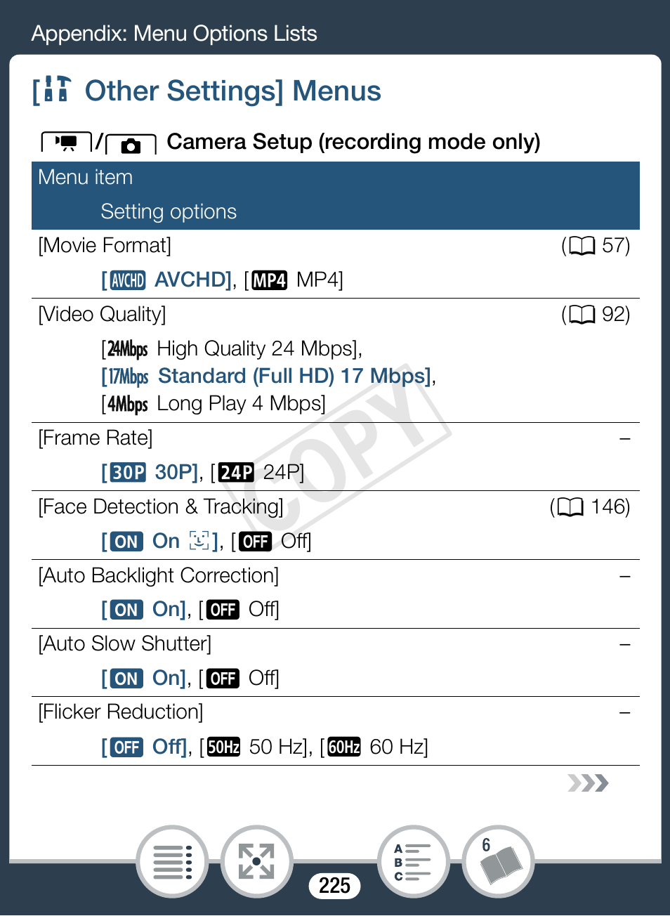 Other settings] menus, 1 other settings] menus, Cop y | Canon VIXIA mini X User Manual | Page 225 / 310