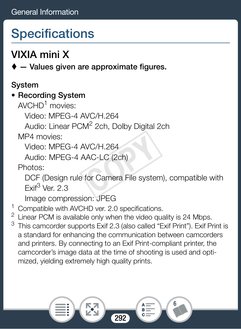 Specifications, Cop y | Canon VIXIA mini X User Manual | Page 292 / 310
