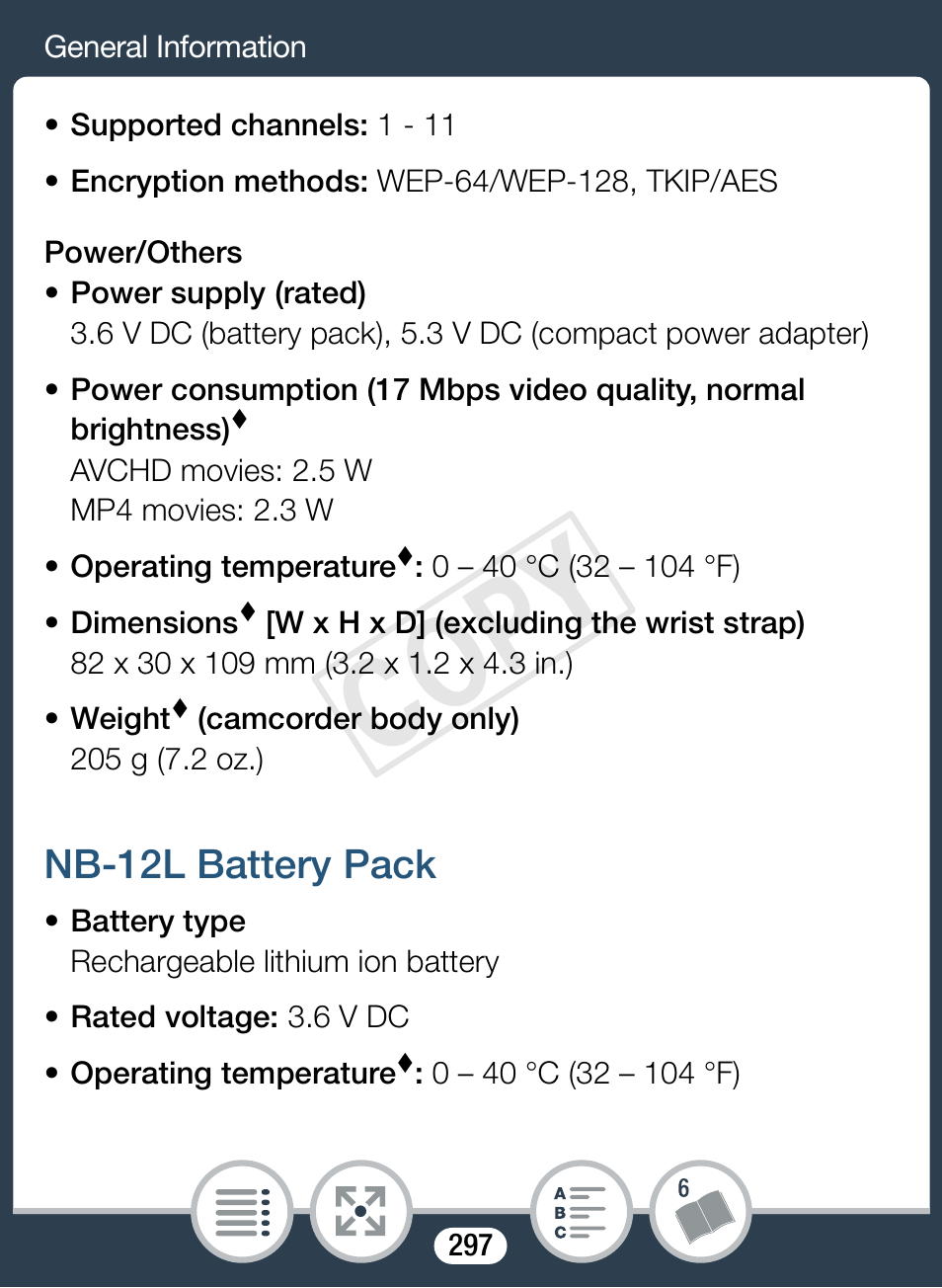 Nb-12l battery pack, Cop y | Canon VIXIA mini X User Manual | Page 297 / 310