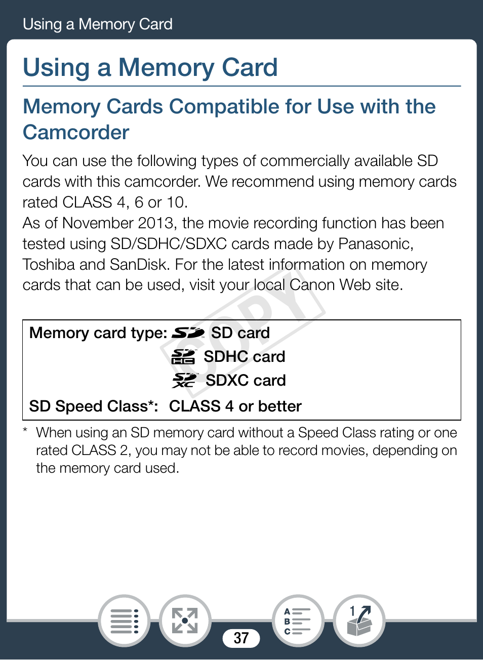 Using a memory card, Memory cards compatible for use with the camcorder, Cop y | Canon VIXIA mini X User Manual | Page 37 / 310