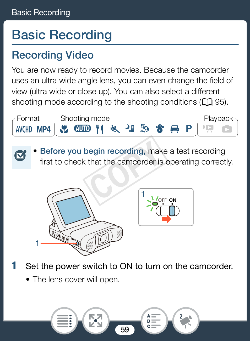 Basic recording, Recording video, Cop y | Canon VIXIA mini X User Manual | Page 59 / 310