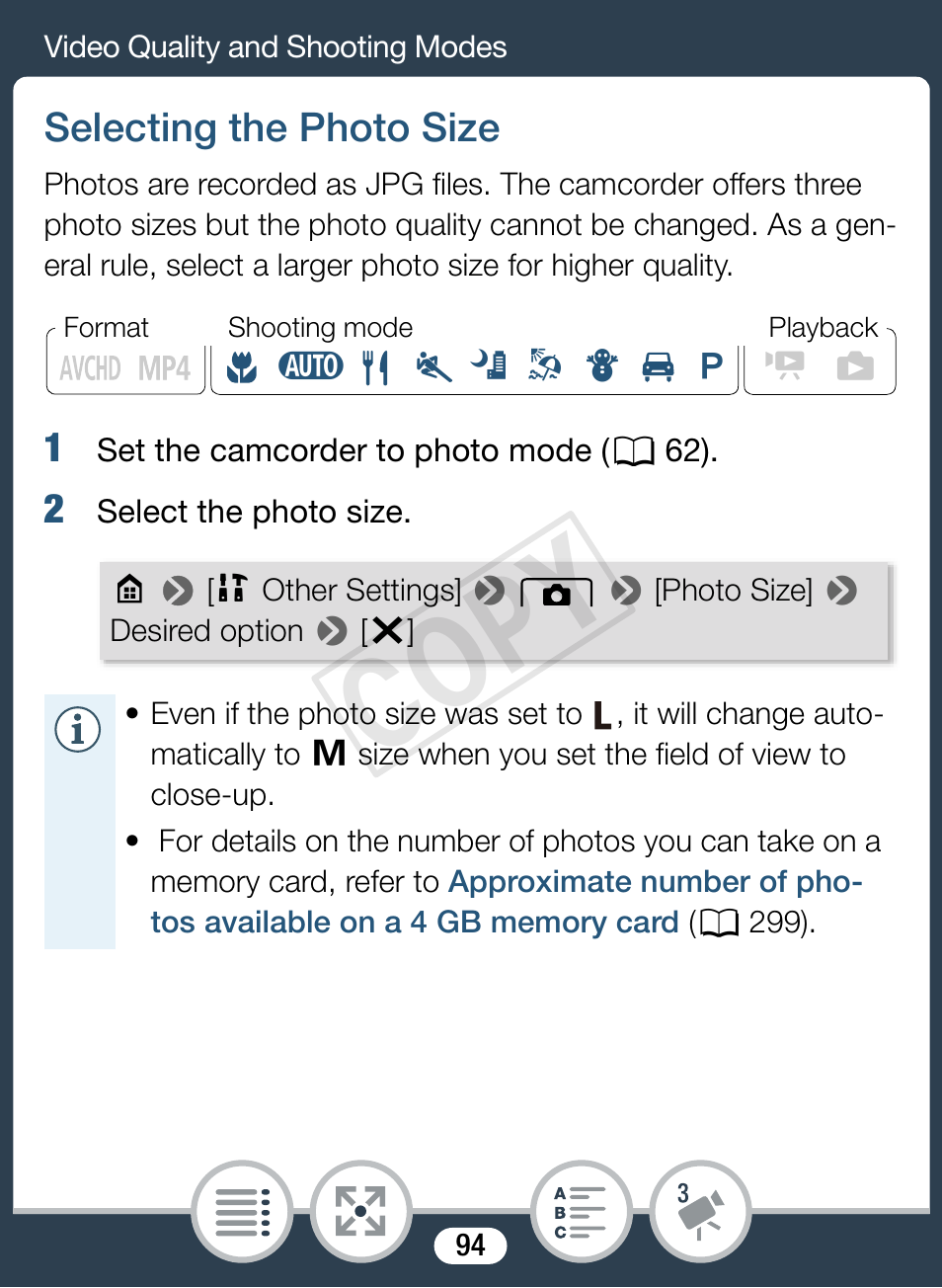 Selecting the photo size, Cop y | Canon VIXIA mini X User Manual | Page 94 / 310
