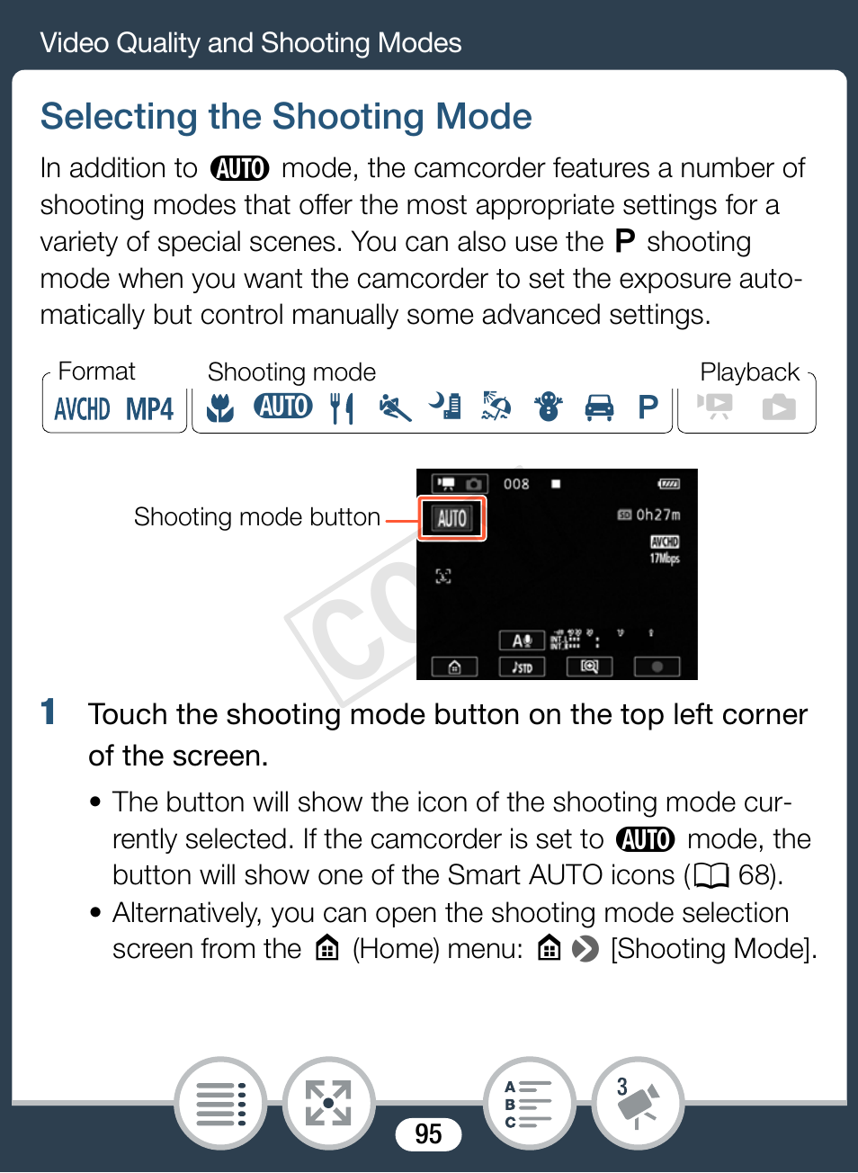 Selecting the shooting mode, Cop y | Canon VIXIA mini X User Manual | Page 95 / 310