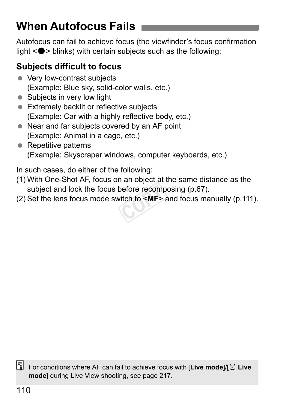 When autofocus fails, Cop y | Canon EOS-1D C User Manual | Page 110 / 420
