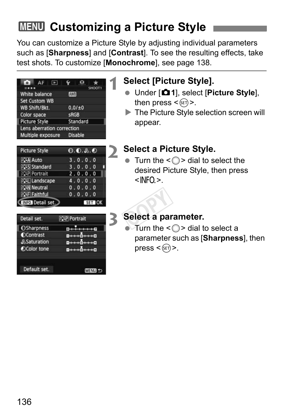 Customizing a picture style, Cop y | Canon EOS-1D C User Manual | Page 136 / 420