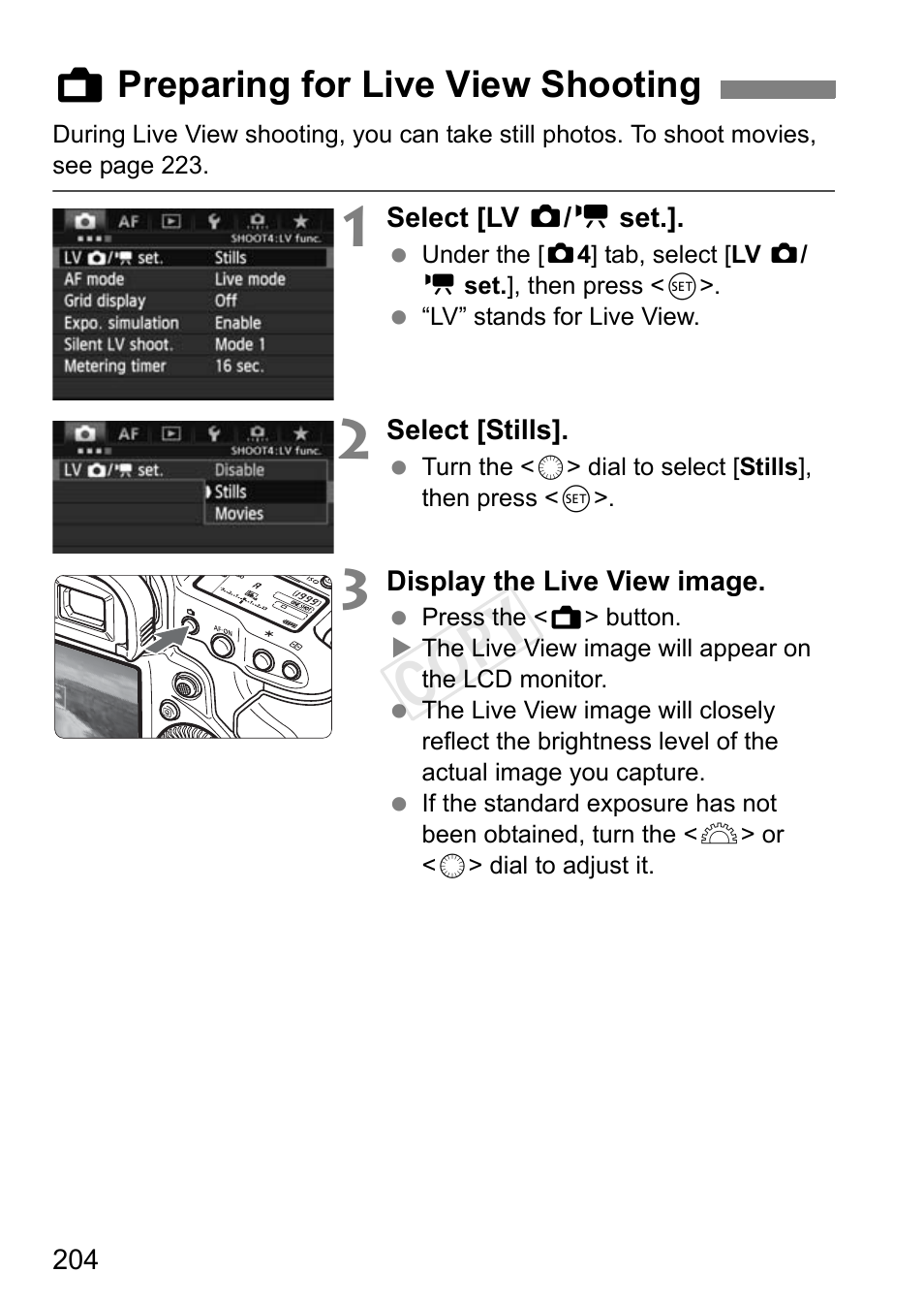 Preparing for live view shooting, Cop y, Apreparing for live view shooting | Canon EOS-1D C User Manual | Page 204 / 420