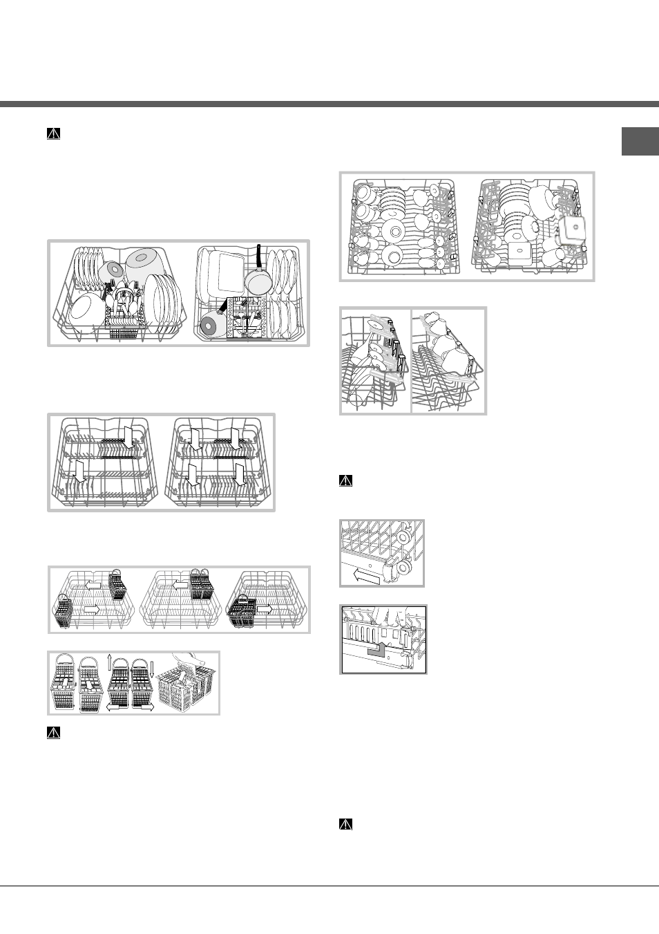 Het laden van de rekken, Onderrek en bestekkorf, Bovenrek | Hotpoint Ariston LFT 114/HA User Manual | Page 53 / 84