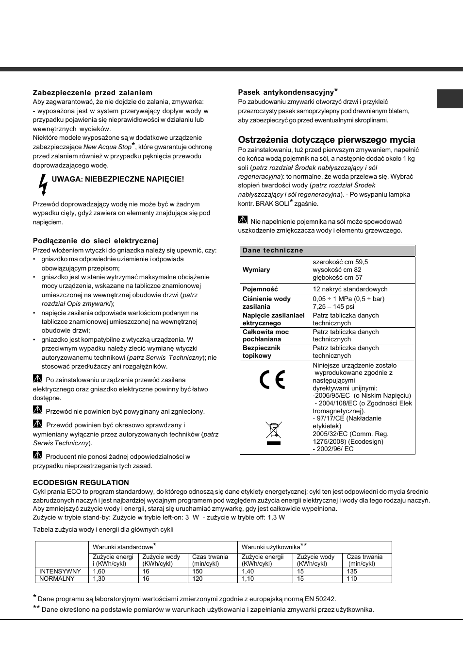 Ostrzeżenia dotyczące pierwszego mycia | Hotpoint Ariston LFT 114/HA User Manual | Page 75 / 84