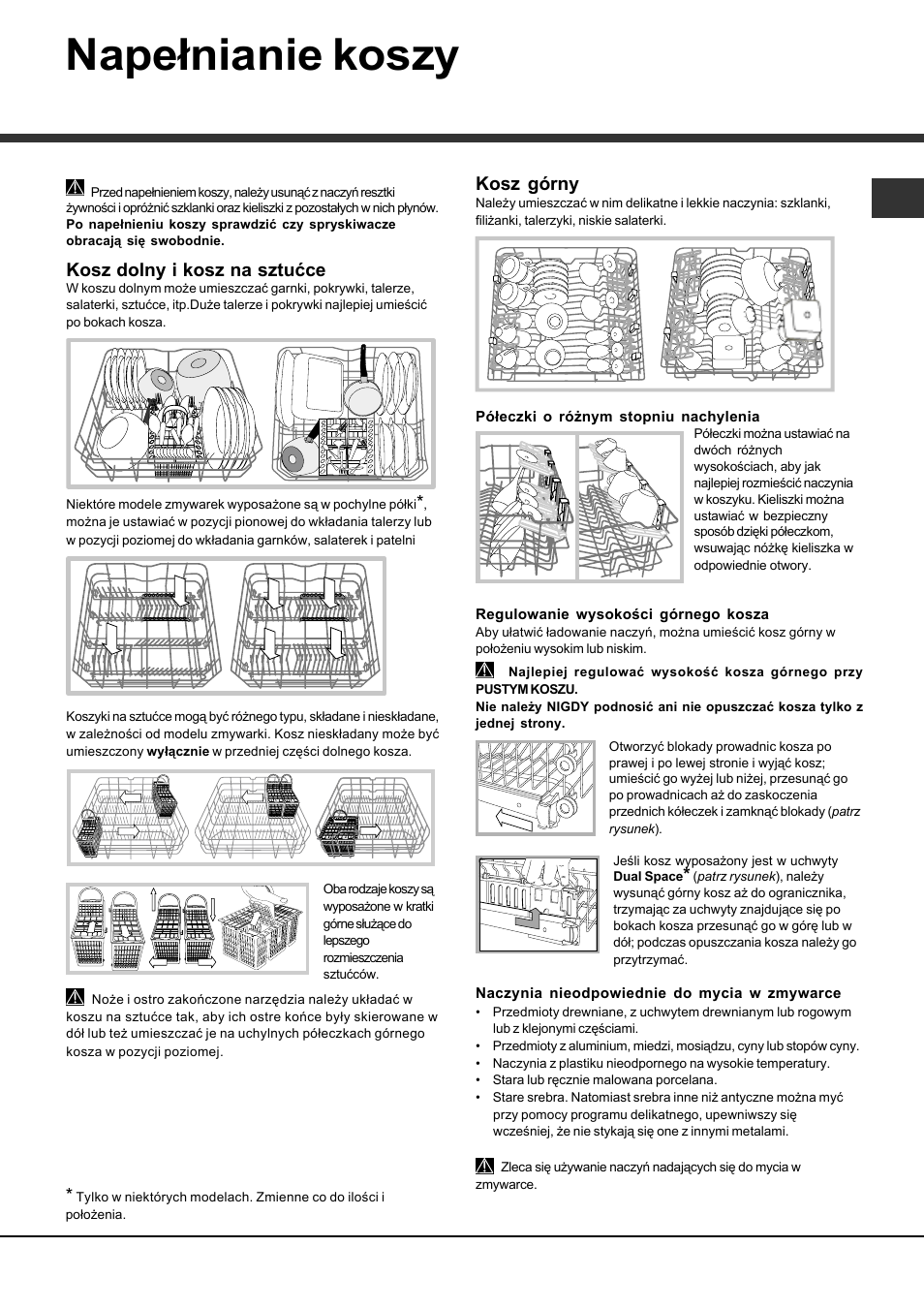 Napełnianie koszy, Kosz dolny i kosz na sztućce, Kosz górny | Hotpoint Ariston LFT 114/HA User Manual | Page 77 / 84