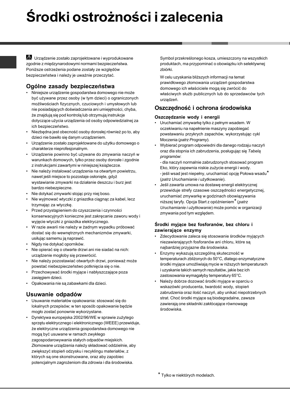 Środki ostrożności i zalecenia, Ogólne zasady bezpieczeństwa, Usuwanie odpadów | Oszczędność i ochrona środowiska | Hotpoint Ariston LFT 114/HA User Manual | Page 82 / 84