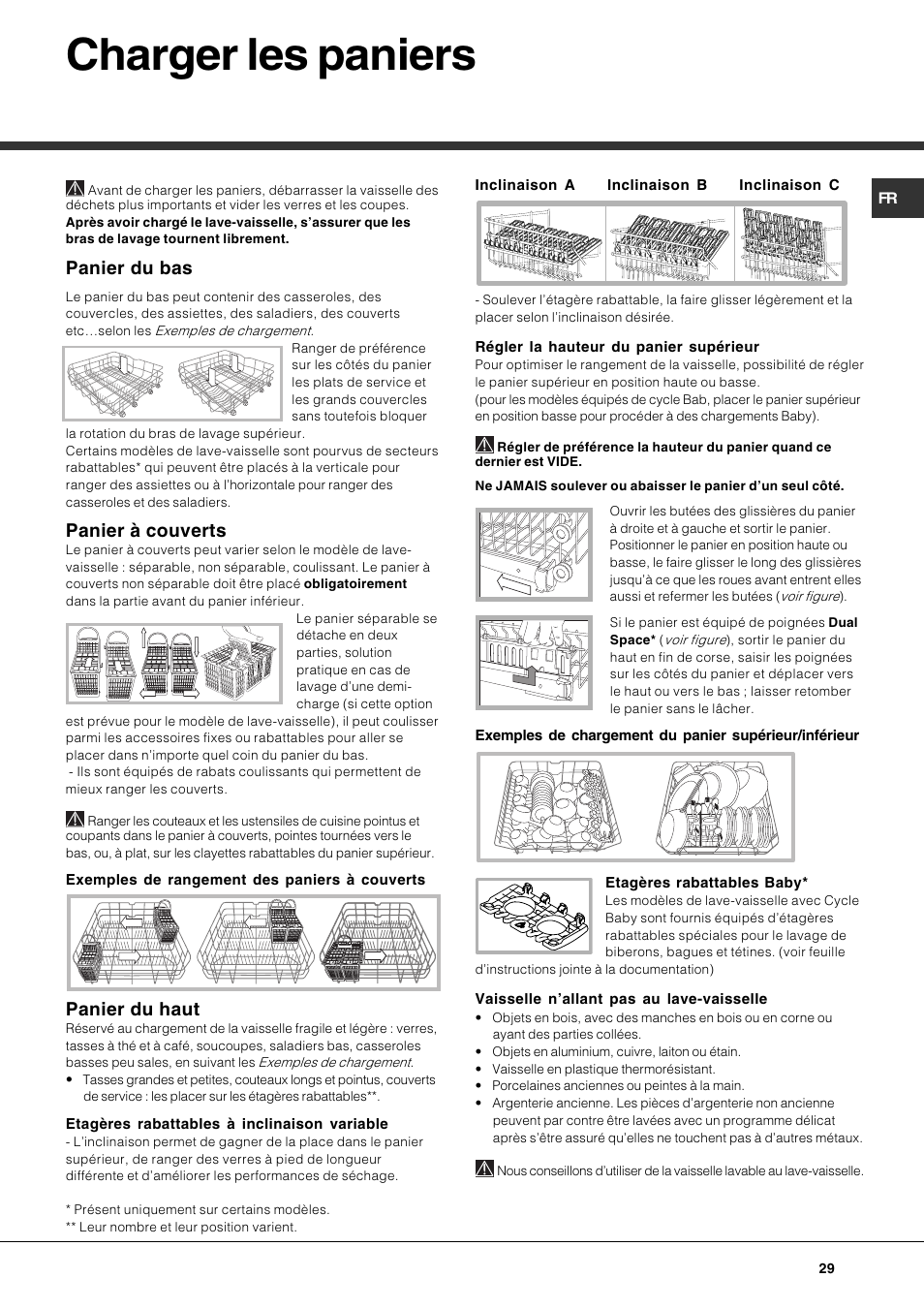 Charger les paniers, Panier du bas, Panier à couverts | Panier du haut | Hotpoint Ariston PFT 834X User Manual | Page 29 / 84
