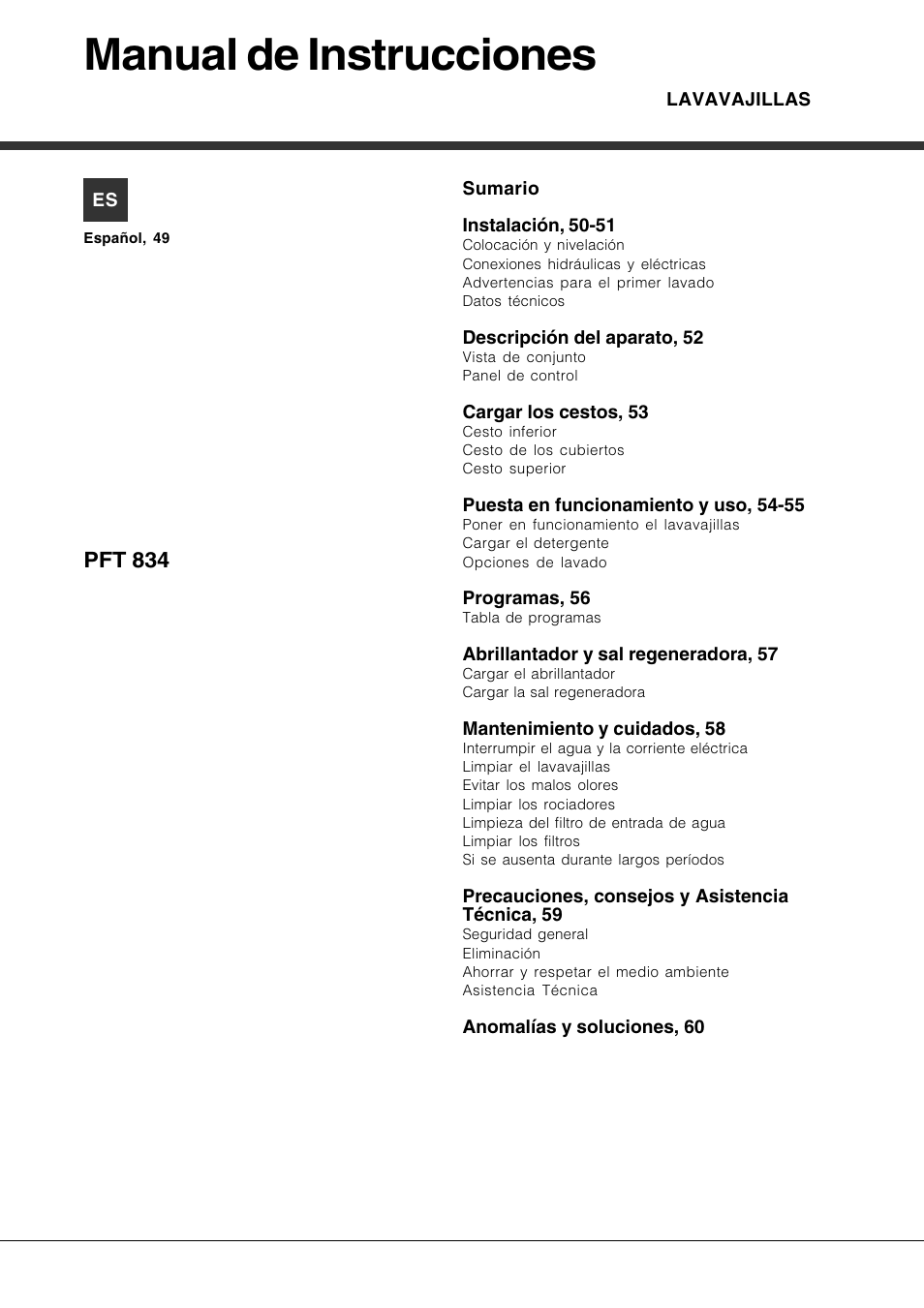Manual de instrucciones | Hotpoint Ariston PFT 834X User Manual | Page 49 / 84