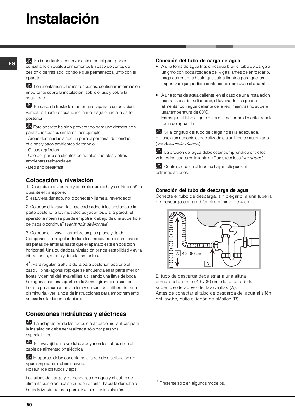 Instalación, Colocación y nivelación, Conexiones hidráulicas y eléctricas | Hotpoint Ariston PFT 834X User Manual | Page 50 / 84